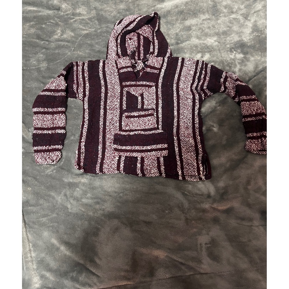 Kids Burgundy White Striped Baja Hoodie Mexican Jerga Pullover Sweatshirt